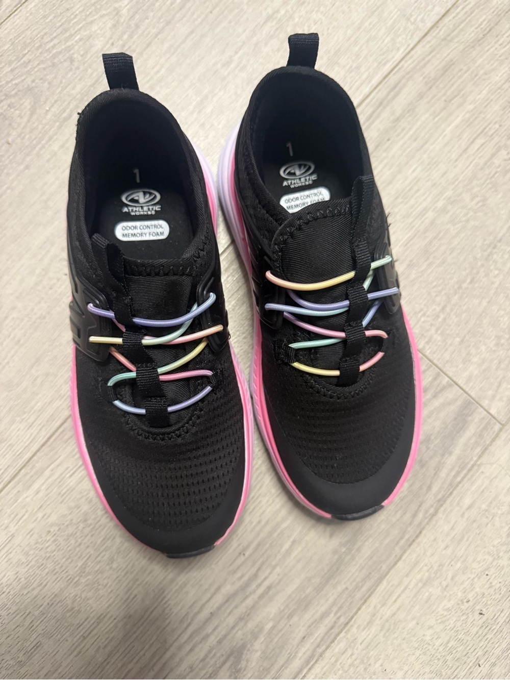 Athletic Works Kids Black Knit Sneakers Pink Sole Pastel Accents Size 1